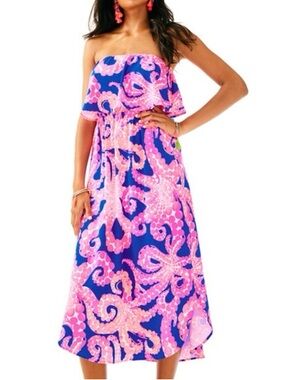Lilly Pulitzer meridian midi dress Ikat blue + pink octopus print strapless L